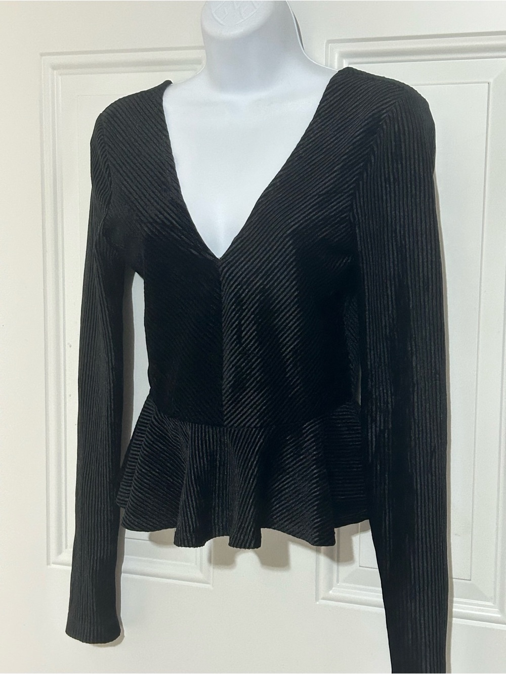BCBGeneration Black Ribbed V-Neck Peplum Long Sleeve Top